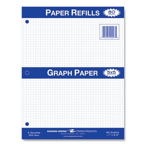 Graph Filler Paper, 3-hole, 8.5 X 11, Quadrille: 5 Sq/in, 80 Sheets/pack, 24 Packs/carton