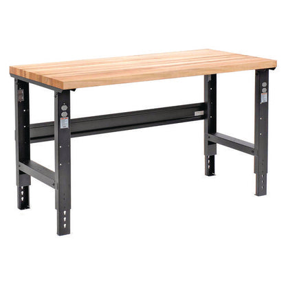 Standard Duty Butcher Block Top Adjustable Height Workbench, 2,000 Lbs, 60 X 30 X 30.88 To 36.88, Birch/black