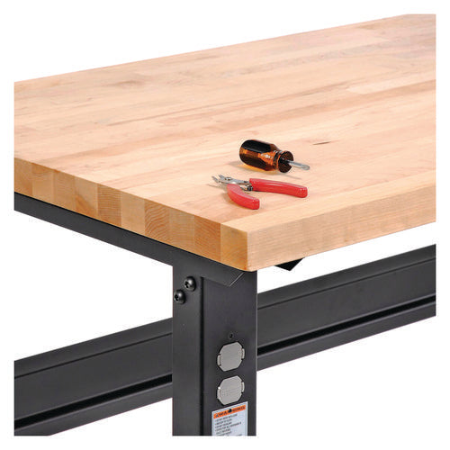 Standard Duty Butcher Block Top Adjustable Height Workbench, 2,000 Lbs, 60 X 30 X 30.88 To 36.88, Birch/black