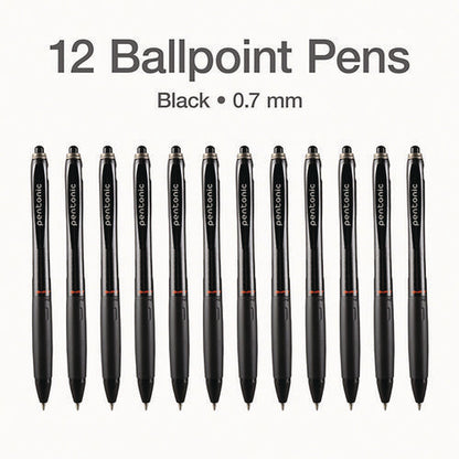 Pentonic Retractable Ballpoint Pen, Fine 0.7 Mm, Black Ink, Black Barrel, 12/pack