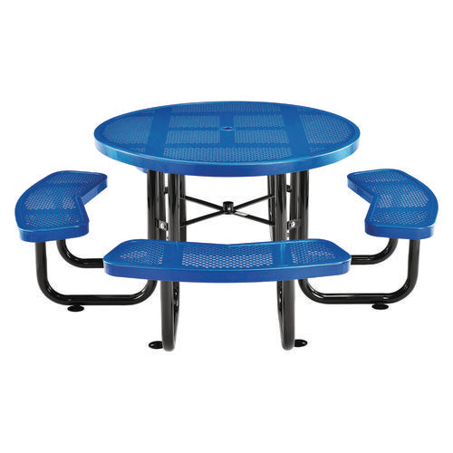 Perforated Steel Picnic Table, Round, 46" Dia X 29.5"h, Blue Top, Blue Base/legs