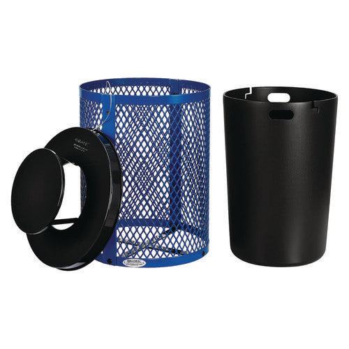 Outdoor Diamond Steel Trash Can, Rain Bonnet Lid, 36 Gal, Blue