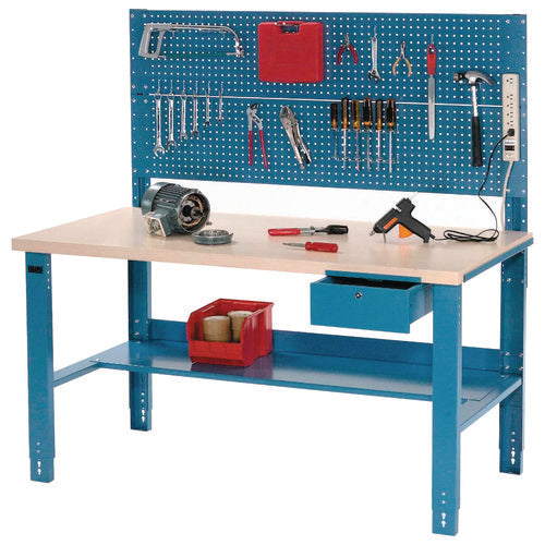 Complete Industrial Workbench, 800 Lbs, 60 X 30 X 57.5 To 62.5, Blue