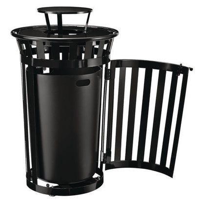 Outdoor Slatted Steel Trash Can, With Access Door And Rain Bonnet Lid, 36 Gal, Black