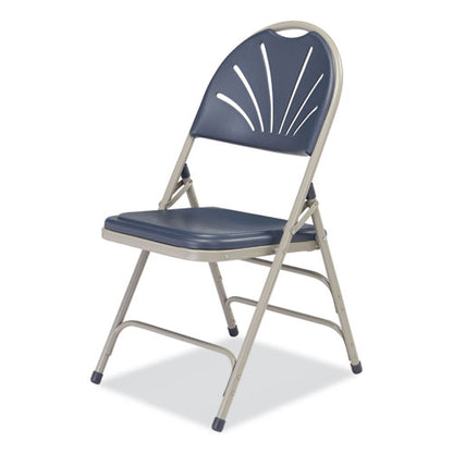 1100 Series Deluxe Fan-back Tri-brace Folding Chair, Supports Dark Blue Seat, Dark Blue Back, Gray Base, 4/carton