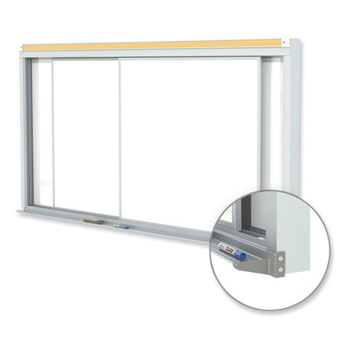 Horizontal Sliding Porcelain Magnetic Whiteboard, 96" X 48", White Surface, Anodized Aluminum Frame