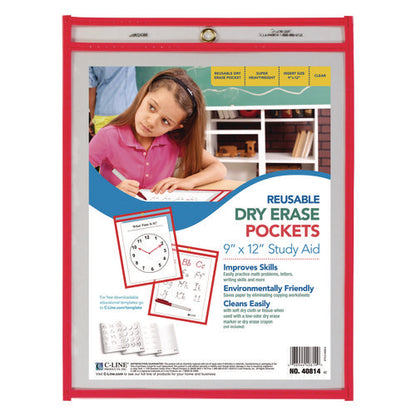 Reusable Dry Erase Pockets, 9 X 12, Neon Red, 30/pack