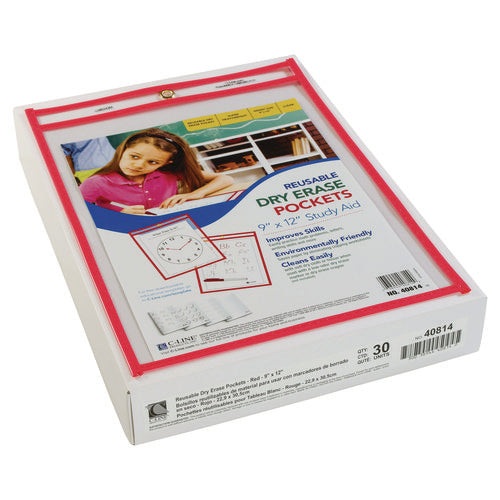 Reusable Dry Erase Pockets, 9 X 12, Neon Red, 30/pack