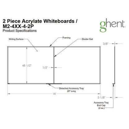 Two-piece M2 Non-magnetic Whiteboard With Aluminum Frame, 144.5" X 48.5", White Surface, Satin Aluminum Frame