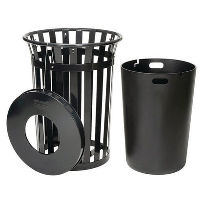 Outdoor Slatted Steel Trash Can, 36 Gal, Black