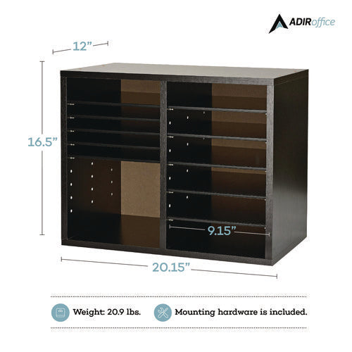 Wood Adjustable 12 Compartment Literature Organizer, 12 Sections, Letter Size, 20 X 11.8 X 16.3, Black