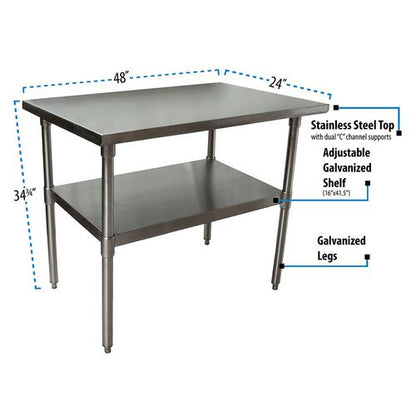 Stainless Steel Flat Top Work Tables, 48w X 24d X 36h, Silver, 2/pallet