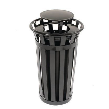 Outdoor Slatted Steel Trash Can, Rain Bonnet Lid, 24 Gal, Black