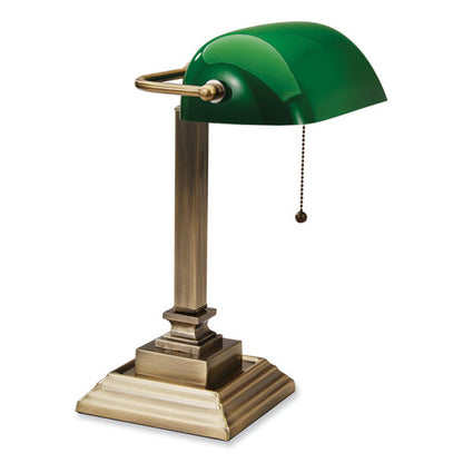 Led Banker's Lamp With Green Shade, Usb Charging Port, Candlestick Neck, 15" High, Antique Brass