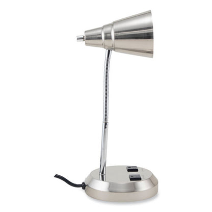 Led Gooseneck Desk Lamp With Charging Outlets, Gooseneck,15" High, Brushed Steel