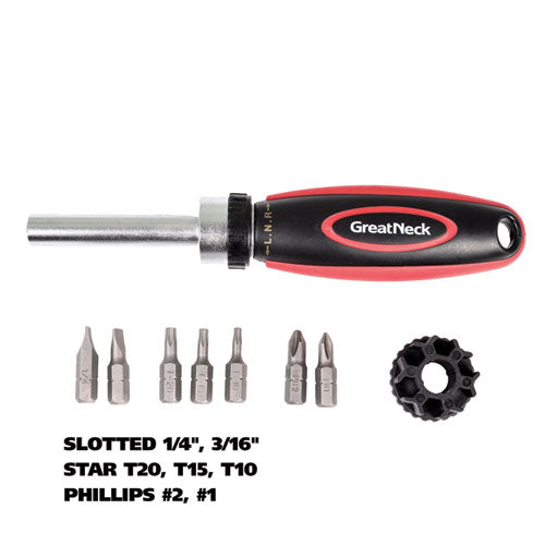 Ratcheting Screw/nut Driver Set, Phillips/slotted/star Bits, 7" Long, Black/red