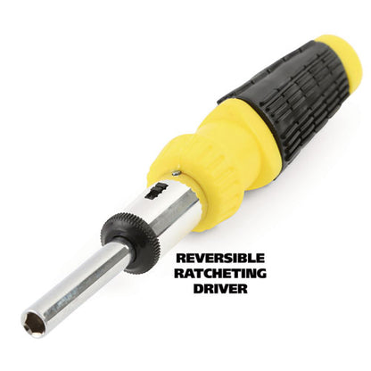 Ratcheting Screw/nut Driver Set, 34-piece, Hex/phillips/slotted/star Bits, Metric/sae Sockets, 8" Long, Yellow/black Handle