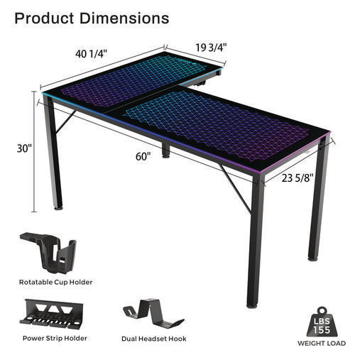 Rgb Led Lights Glass Gaming Desk, 60" X 40.25" X 30", Black