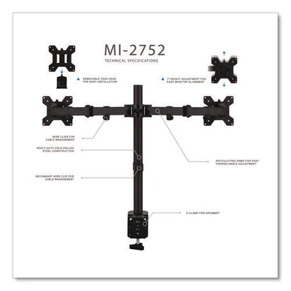 Full Motion Dual Monitor Desktop Mount, For 17" To 27" Monitors, 360 Degree Rotation, +/-90 Degree Tilt, Black, Supports 22lb