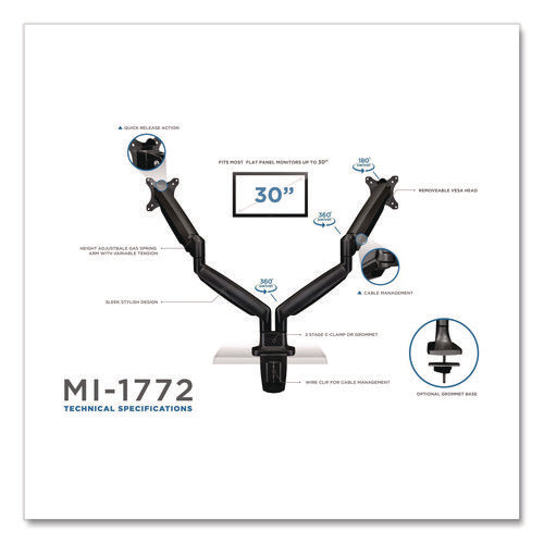 Dual Monitor Gas-spring Mounting Arm, For 13" To 32" Monitors, 360 Degree Rotation, +/-45 Degree Tilt, Black, Supports 20 Lb