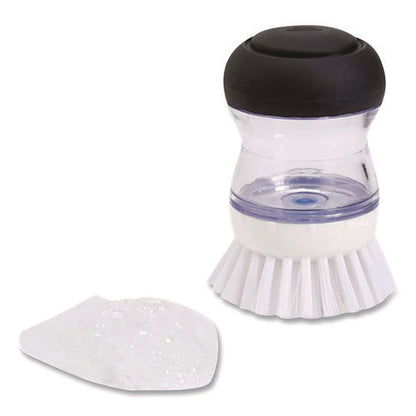 Good Grips Soap Dispensing Palm Brush, Whie Nylon Bristles, 4" Brush, Clear/black Handle