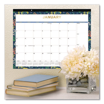 Meadow Blue Desk Pad Calendar, Floral Artwork, 22 X 17, White/multicolor Sheet, Black Headband, 12-month (jan To Dec): 2025