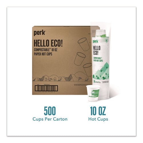 Eco-id Compostable Paper Hot Cups, 10 Oz, White/green, 500/carton