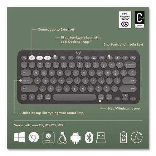 Pebble 2 Wireless Keyboard And Optical Mouse Combo, 2.4 Ghz Frequency/32.8" Wireless Range, Tonal Graphite