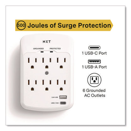 6-outlet Plus Usb Outlet Surge Protector, 6 Ac Outlets/2 Usb Outlets, 900 J, White