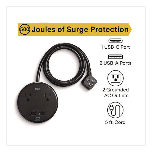 2-outlet Plus Usb Surge Protector, 2 Ac Outlets/3 Usb Outlets, 5 Ft Cord, 500 J, Black