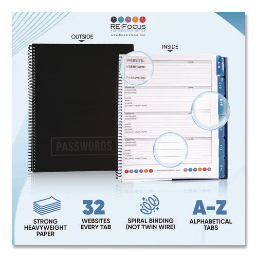 Large Password Log Book, 384 Total Entries, 4 Entries/page, Black Plastic Cover, (48) 10 X 7.5 Sheets