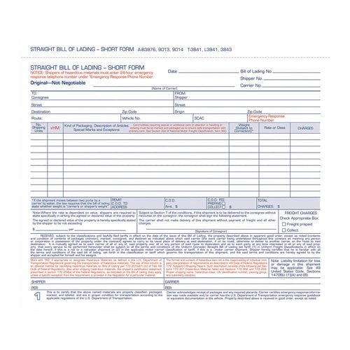 Bill Of Lading - Short Form For Up To Ten Articles, Three-part Carbonless, 8.5 X 6.94, 50 Forms Total