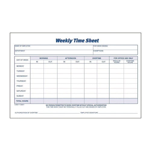 Time Sheets, One Part (no Copies), 8.5 X 5.5, 100 Forms/pad, 2 Pads/pack