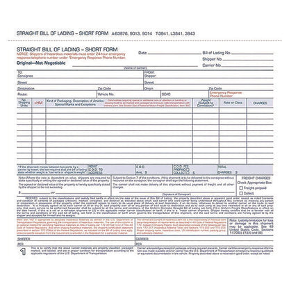 Bill Of Lading - Short Form For Up To Ten Articles, Three-part Carbonless, 8.5 X 6.94, 250 Forms Total