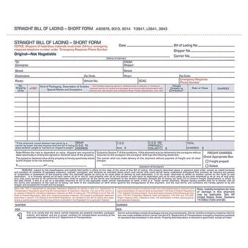 Bill Of Lading - Short Form For Up To Ten Articles, Three-part Carbonless, 8.5 X 6.94, 250 Forms Total