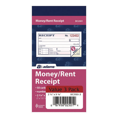 Money/rent Receipt Book, Two-part Carbonless, 4.88 X 2.75, 50 Receipts/book, 3 Books/pack