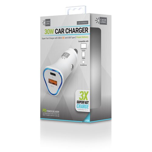 Pd Car Charger, 30 W, Two 3 A Ports, White