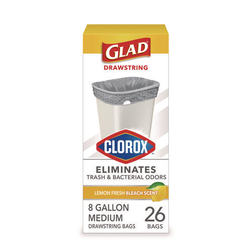 Medium Drawstring Trash Bags With Clorox, 8 Gal, Lemon Fresh Bleach Scent, 0.74 Mil, 23" X 21.63", Gray, 26/box