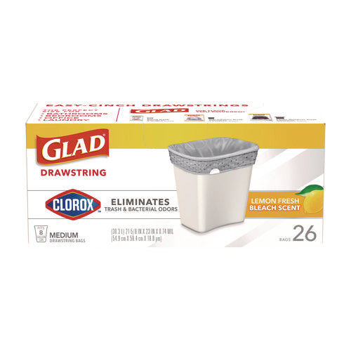 Medium Drawstring Trash Bags With Clorox, 8 Gal, Lemon Fresh Bleach Scent, 0.74 Mil, 23" X 21.63", Gray, 26/box