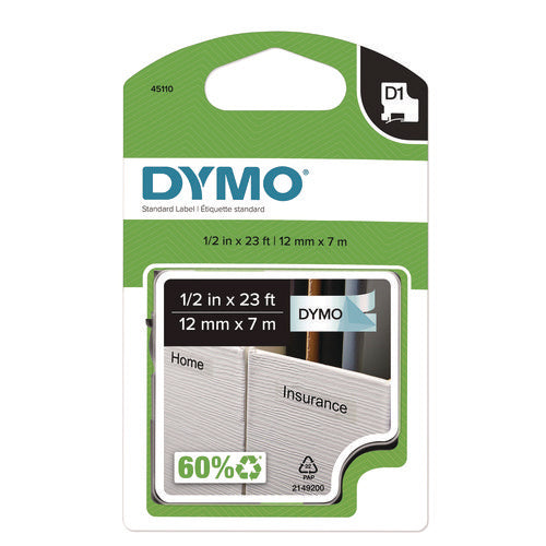 D1 Standard Labels, 0.50" X 23 Ft, Black Print On Clear Tape