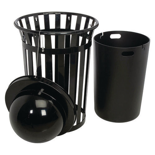 Outdoor Slatted Steel Trash Can, Dome Lid, 36 Gal, Black