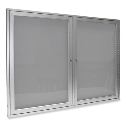 2 Door Enclosed Vinyl Bulletin Board With Satin Frame, 48" X 36", Silver Surface, Satin Aluminum Frame