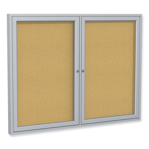 2 Door Enclosed Natural Cork Bulletin Board With Satin Frame, 60" X 36", Tan Surface, Satin Aluminum Frame