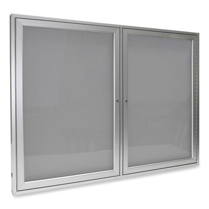 2 Door Enclosed Vinyl Bulletin Board With Satin Frame, 60" X 36", Silver Surface, Satin Aluminum Frame