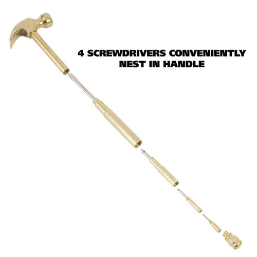 5-in-1 Carpenter's Hammer With Nesting Handle Containing Four Screwdrivers, 6.5" Long Gold Handle