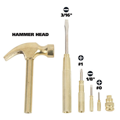 5-in-1 Carpenter's Hammer With Nesting Handle Containing Four Screwdrivers, 6.5" Long Gold Handle