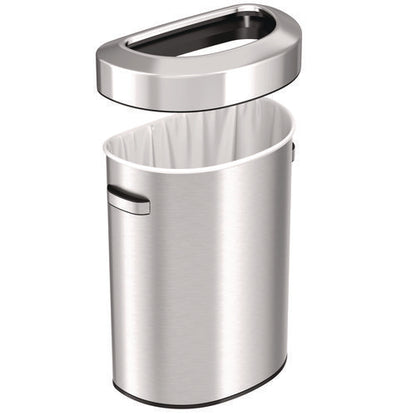 Open Top Trash Can, Half-round, 18 Gal, Plastic/stainless Steel, Silver