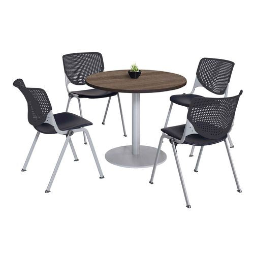 Pedestal Table With Four Black Kool Series Chairs, Round, 36" Dia X 29h, Studio Teak