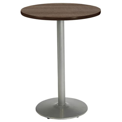 Pedestal Bistro Table With Four Black Kool Series Barstools, Round, 36" Dia X 41h, Studio Teak