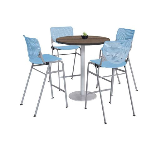 Pedestal Bistro Table With Four Sky Blue Kool Series Barstools, Round, 36" Dia X 41h, Studio Teak